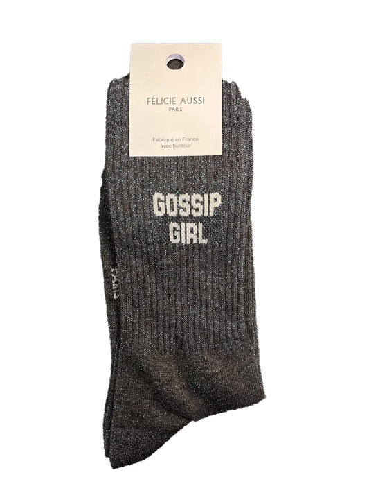 Chaussettes à paillettes Félicie aussi Anthracite avec message Gossip Girl écrit en blanc. Pointure femme 36/40 
