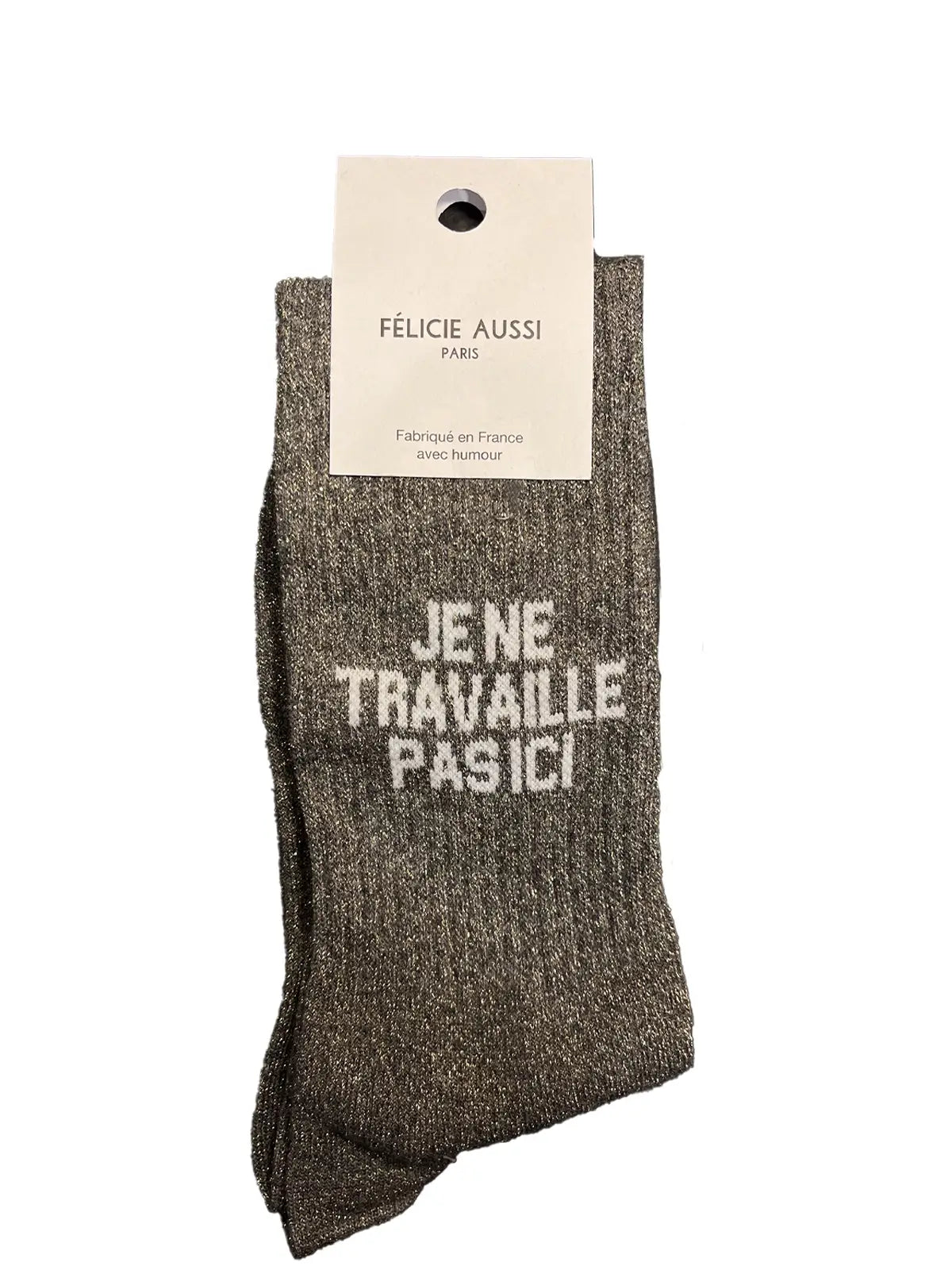 Chaussettes à paillettes Félicie aussi anthracite avec message « Je ne travaille pas ici » écrit en blanc - Pointure femme