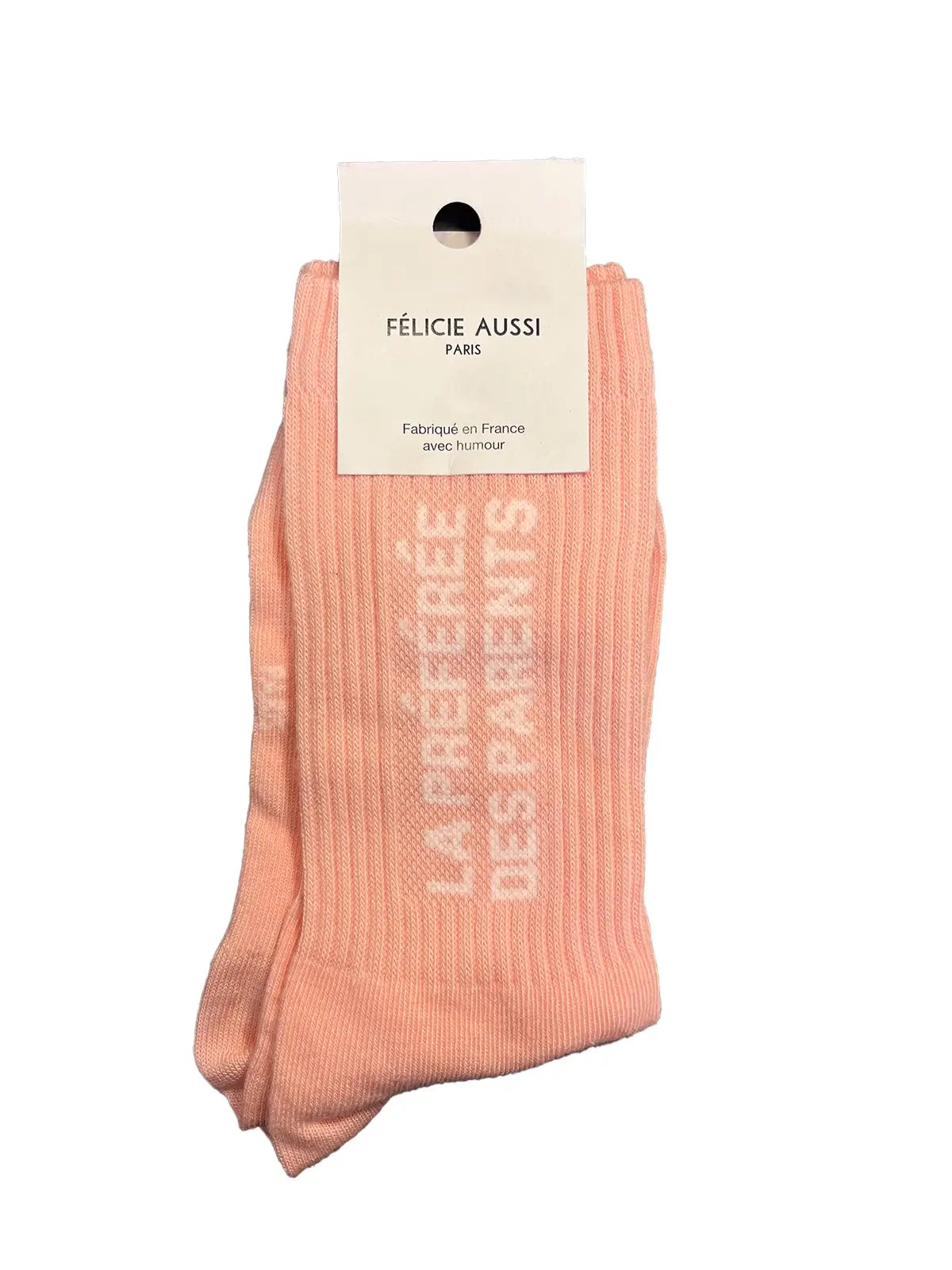 Chaussette Félicie cousue en coton, saumon avec « La préférée des parents » écris en blanc