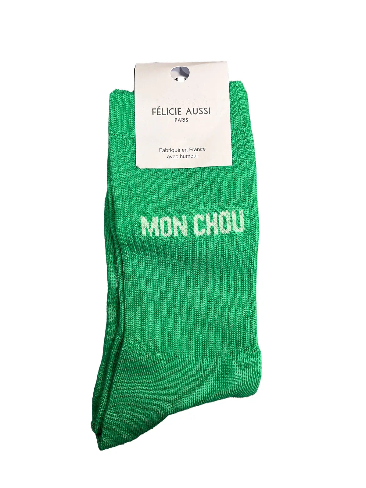 Chaussette Félicie cousue en coton, verte avec « Mon Chou » écris en blanc