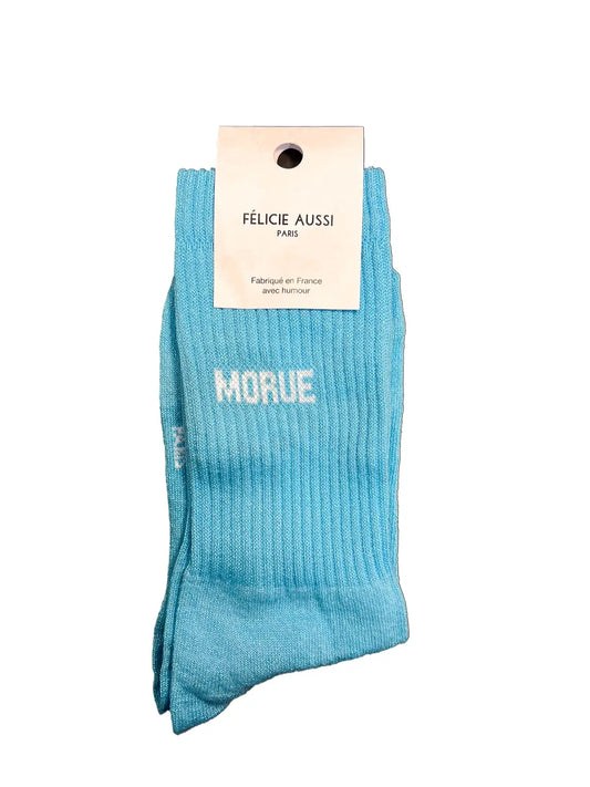Chaussette Félicie cousue en coton, bleue ciel à paillettes avec « Morue » écris en blanc