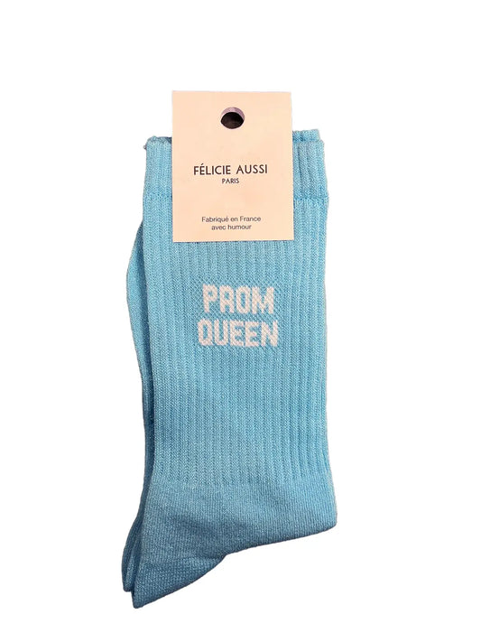 Chaussettes à paillettes Félicie aussi bleu clair avec message "Prom Queen"   écrit en blanc 