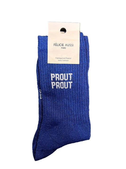 Chaussette Félicie cousue en coton, bleu à paillettes avec « Prout Prout » écris en blanc