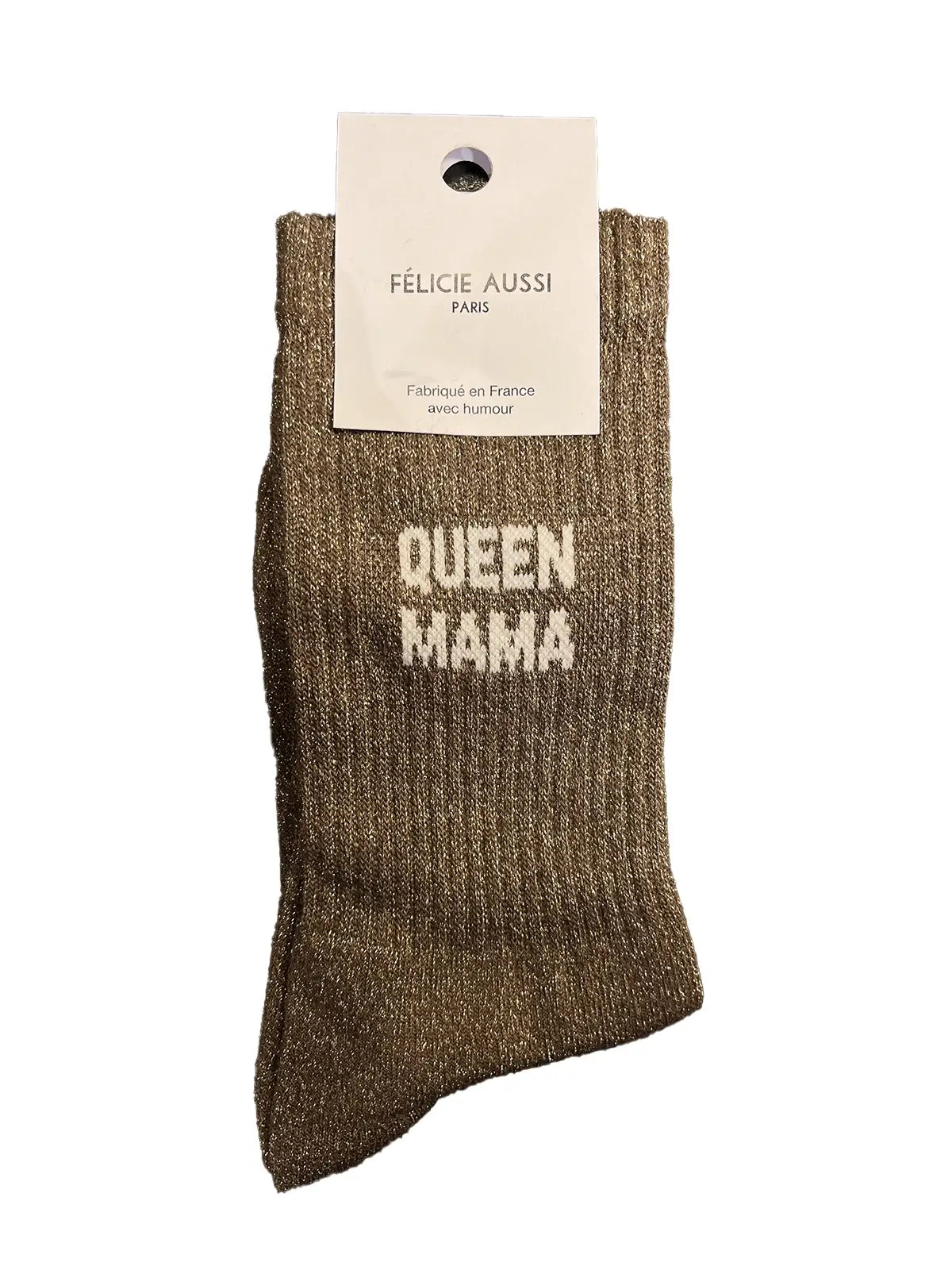 Chaussettes à paillettes Félicie aussi dorées avec message "Queen Mama" écrit en blanc. Pointure femme 36/40 