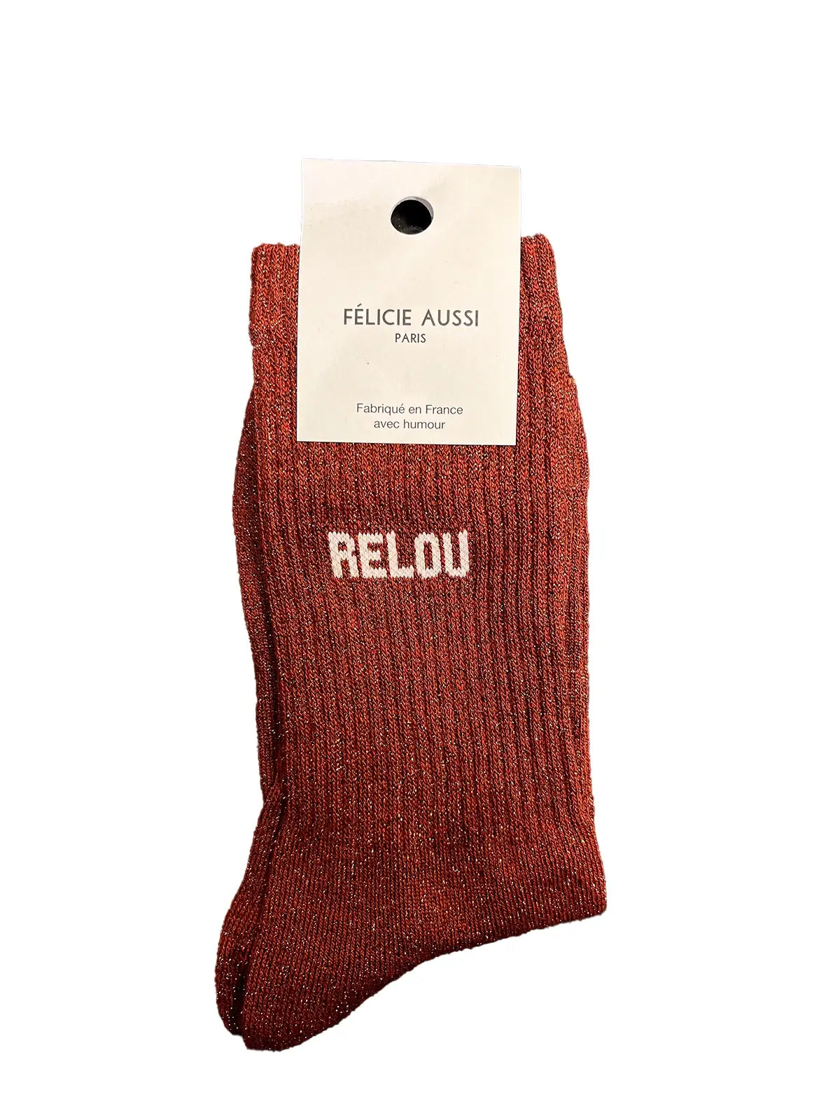 Chaussette Félicie cousue en coton, couleur rouille à paillettes avec « Relou » écris en blanc
