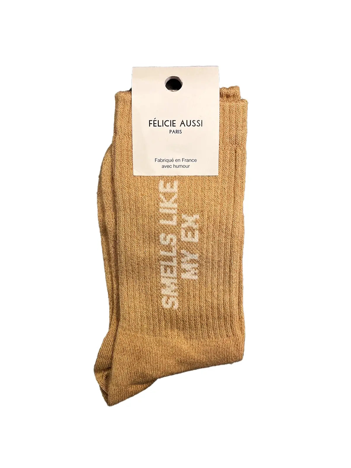 Chaussette Félicie cousue en coton, beige avec « Smells like my Ex » écris en blanc