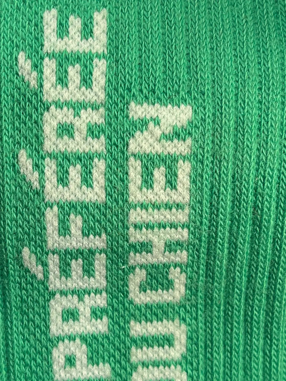 Focus sur la chaussette Félicie cousue en coton, verte avec « La préférée du chien » écris en blanc