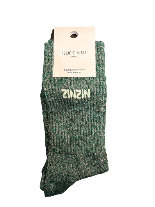 Chaussettes à paillettes Félicie aussi vert avec message Zinzin  écrit en blanc. Pointure femme 36/40 