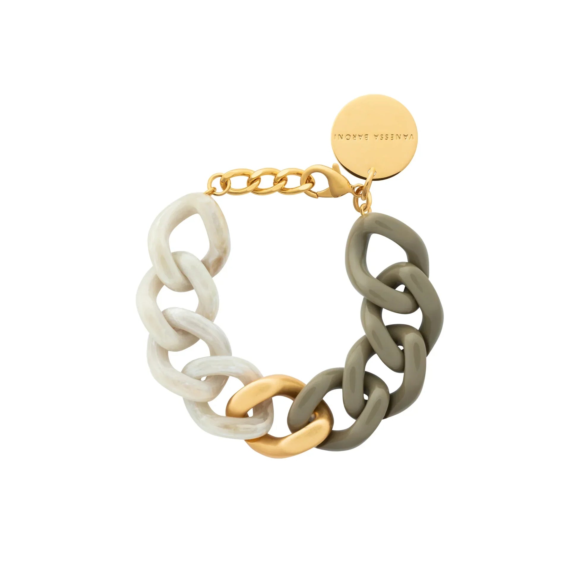 Bracelet à grosses mailles flat chain olive-snow green marble - Vanessa Baroni 