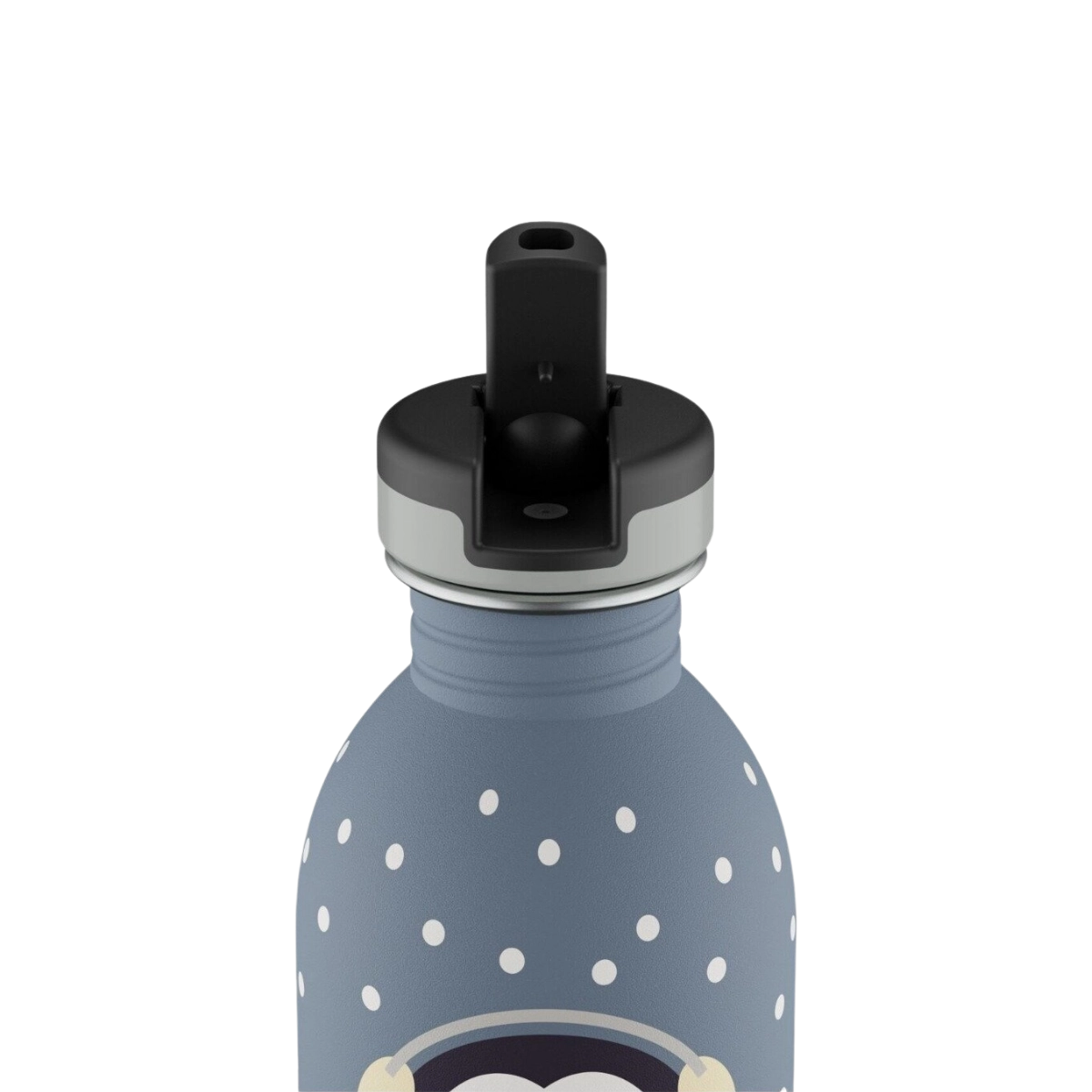 Gourde Happy Penguin focus sur le bouchon sport avec sa paille