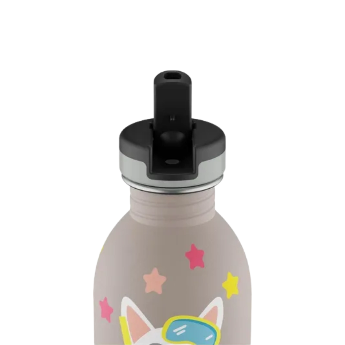 Gourde Happy Penguin focus sur le bouchon sport avec sa paille