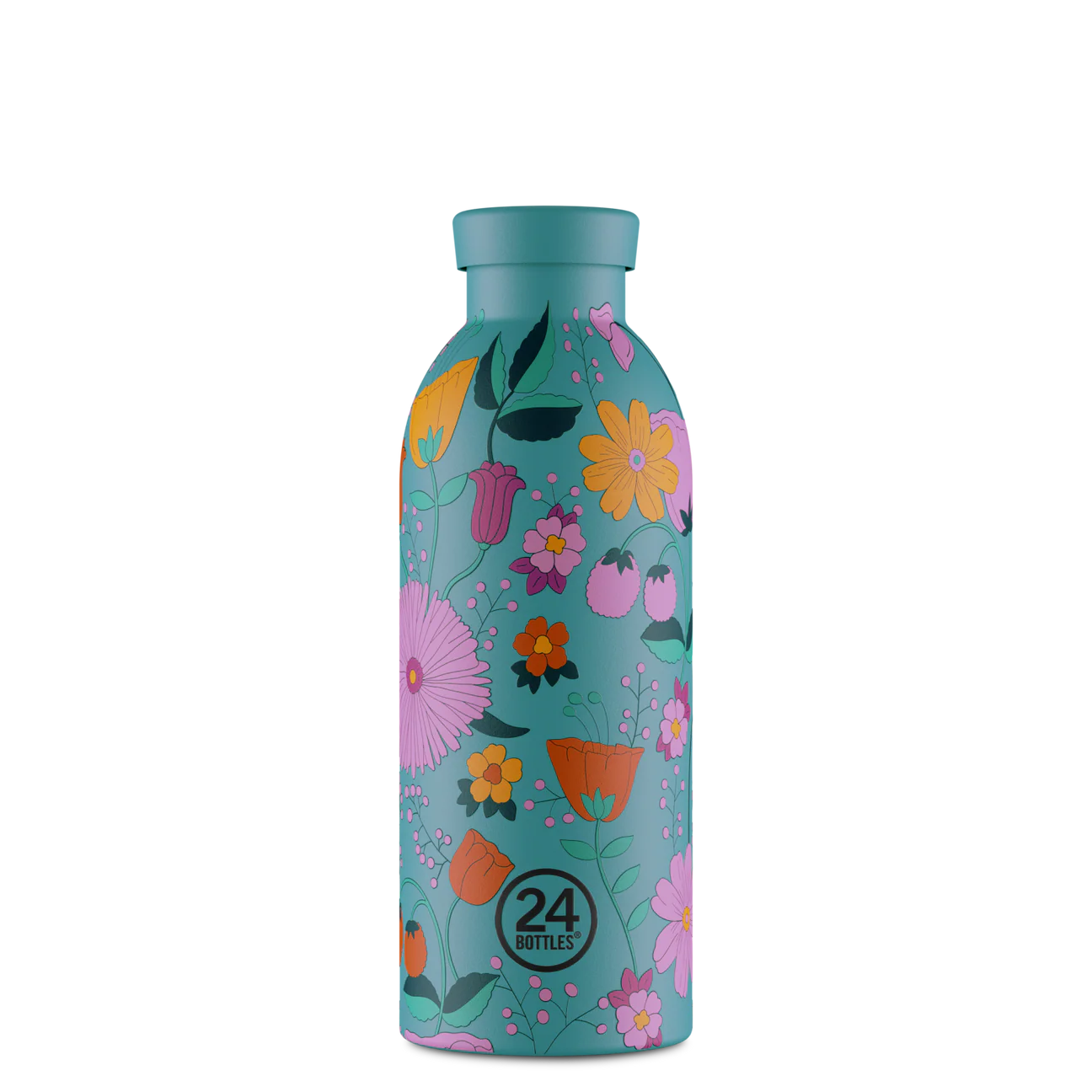 Gourde Isotherme 500ml bleue avec des motifs de floraux multicolore de 24bottles