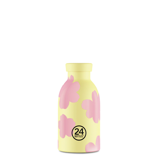 Gourde Isotherme 330ml jaune avec des motifs de nuages rose de 24bottles