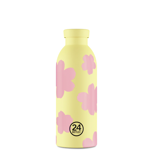 Gourde Isotherme 500ml jaune avec des motifs de nuages rose de 24bottles