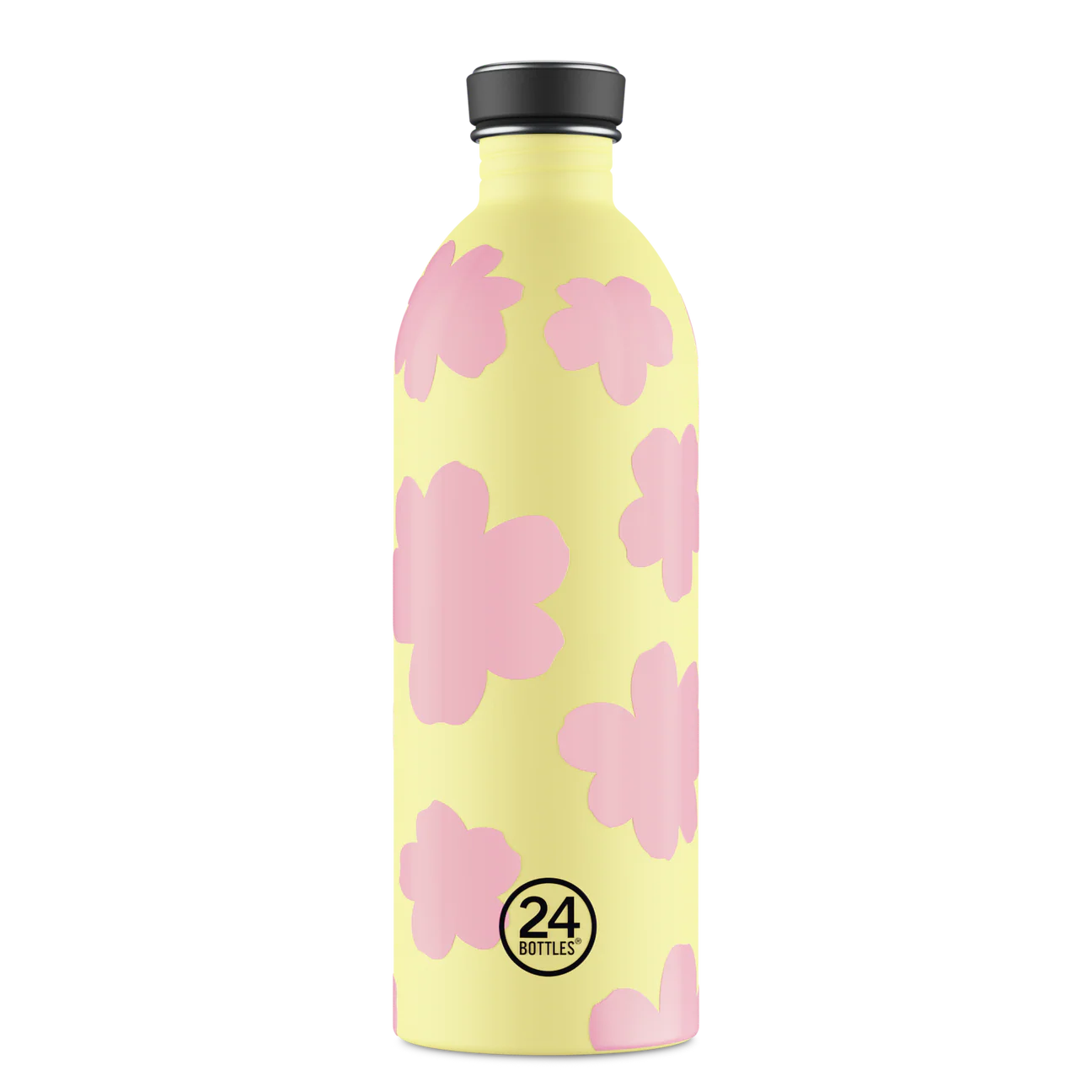 Gourde 1L jaune avec des motifs de nuages roses de 24bottles