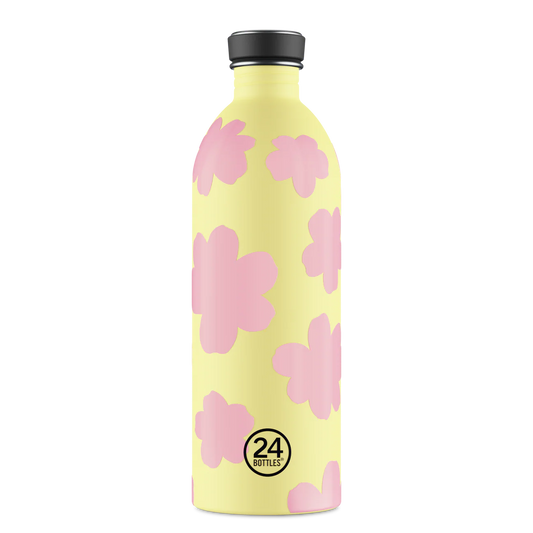 Gourde 1L jaune avec des motifs de nuages roses de 24bottles