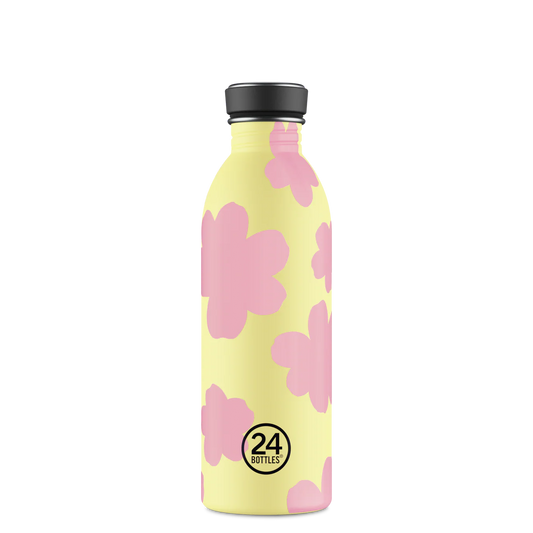 Gourde 500ml jaune avec des motifs de nuages roses de 24bottles