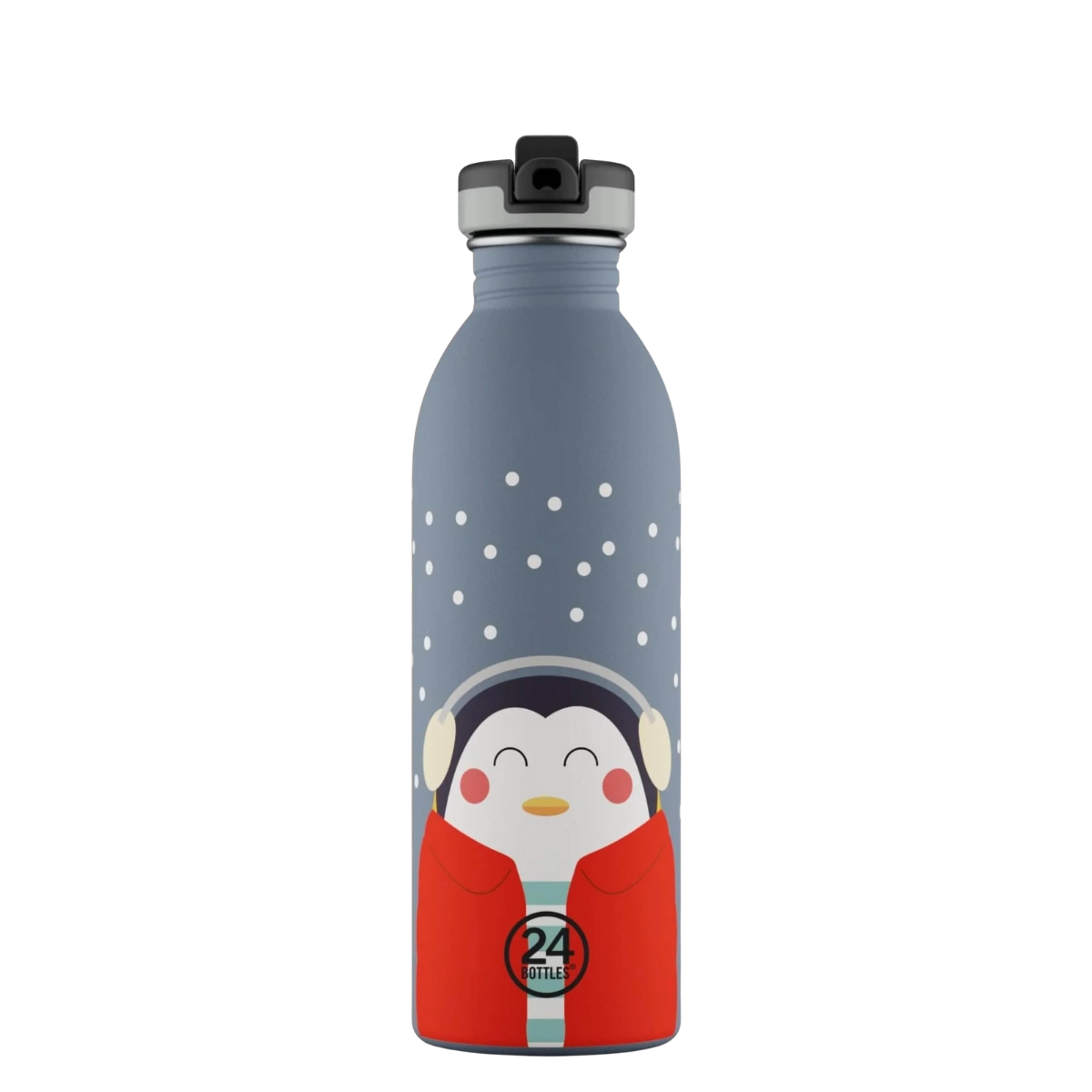 Gourde 500ml avec un pingouin sous la neige sur fond gris bleu de 24bottles