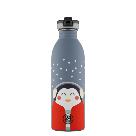 Gourde 500ml avec un pingouin sous la neige sur fond gris bleu de 24bottles