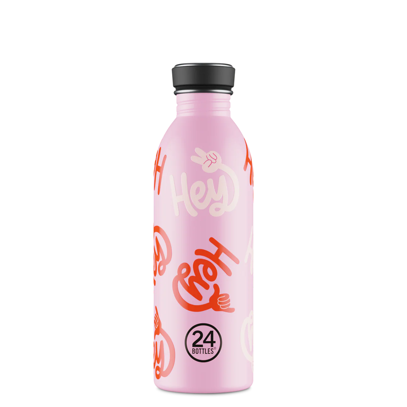 Gourde 500ml rose avec des slogans « Hey » écris en blanc et en rouge de 24bottles