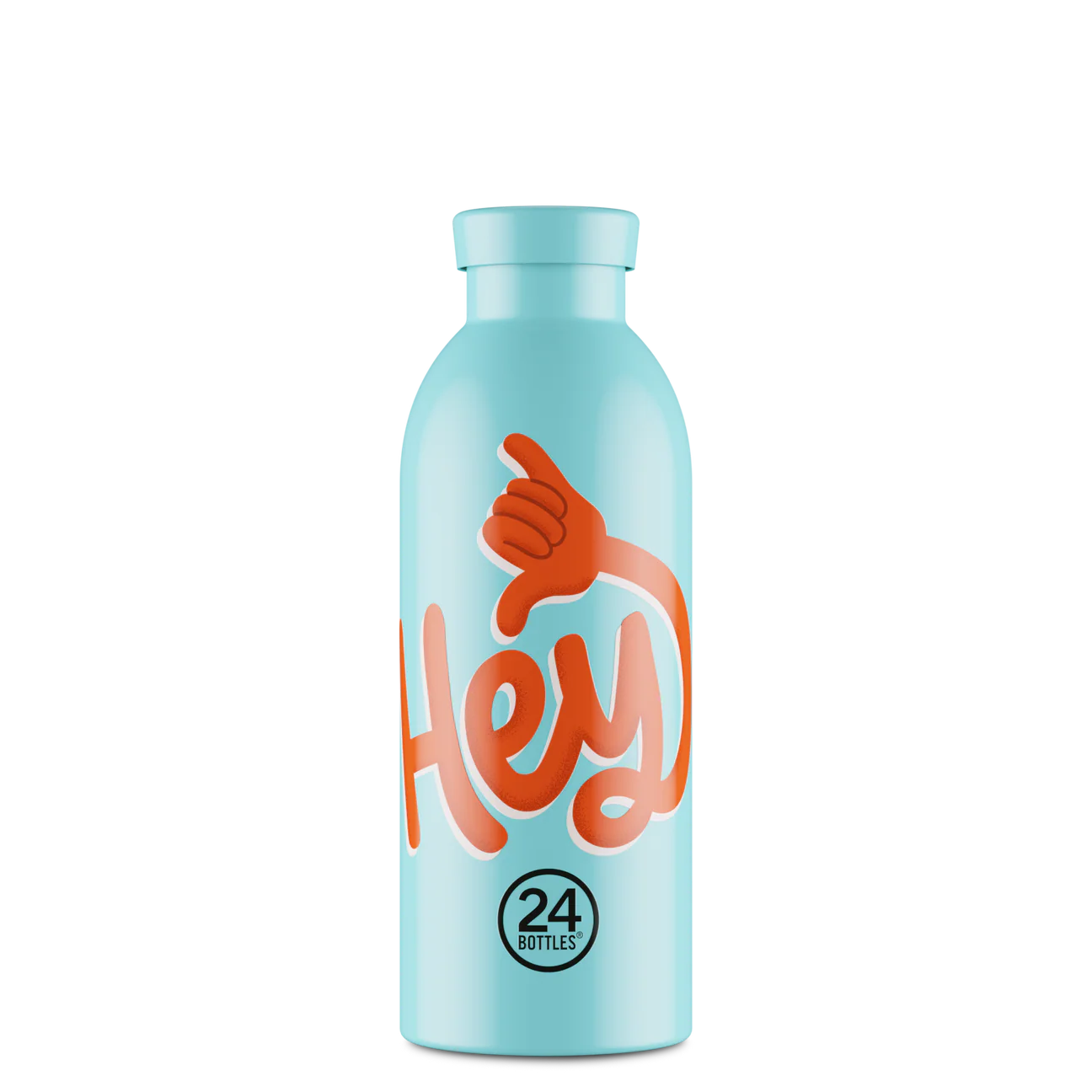 Gourde Isotherme 500ml couleur bleu ciel avec le slogan « Hey ! » écris en orange de 24bottles
