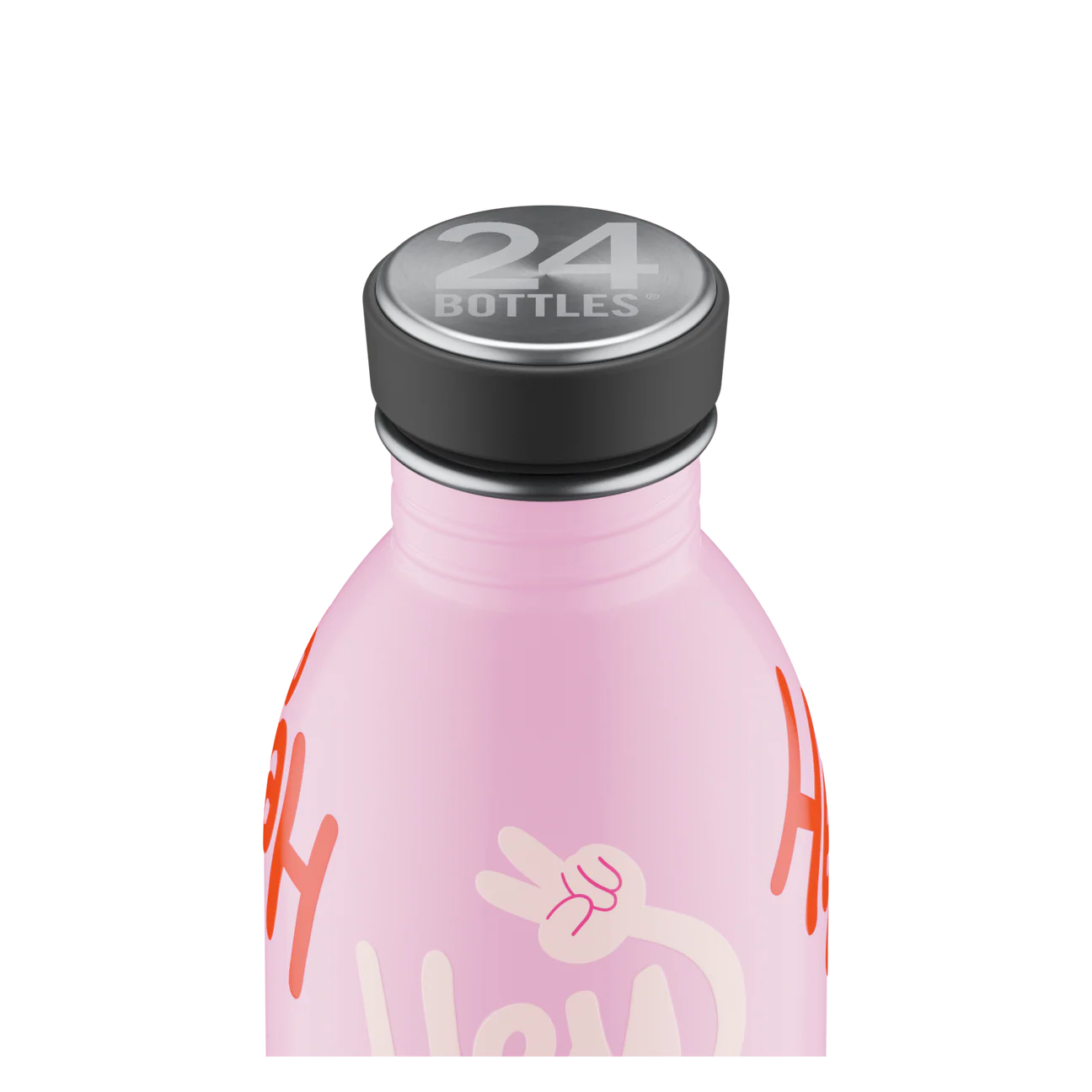 Gourde 500ml rose avec des slogans « Hey » écris en blanc et en rouge de 24bottles