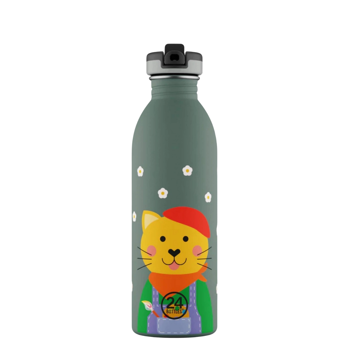 Gourde 500ml avec un chat peintre en salopette sur fond gris vert de 24bottles