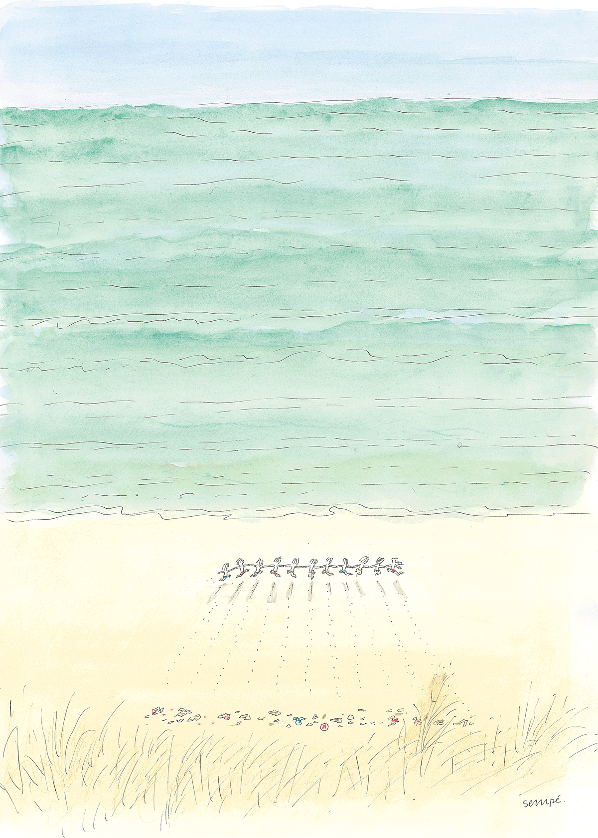 Illustration de Sempé "Plage" représentant des enfants courant vers la mer.