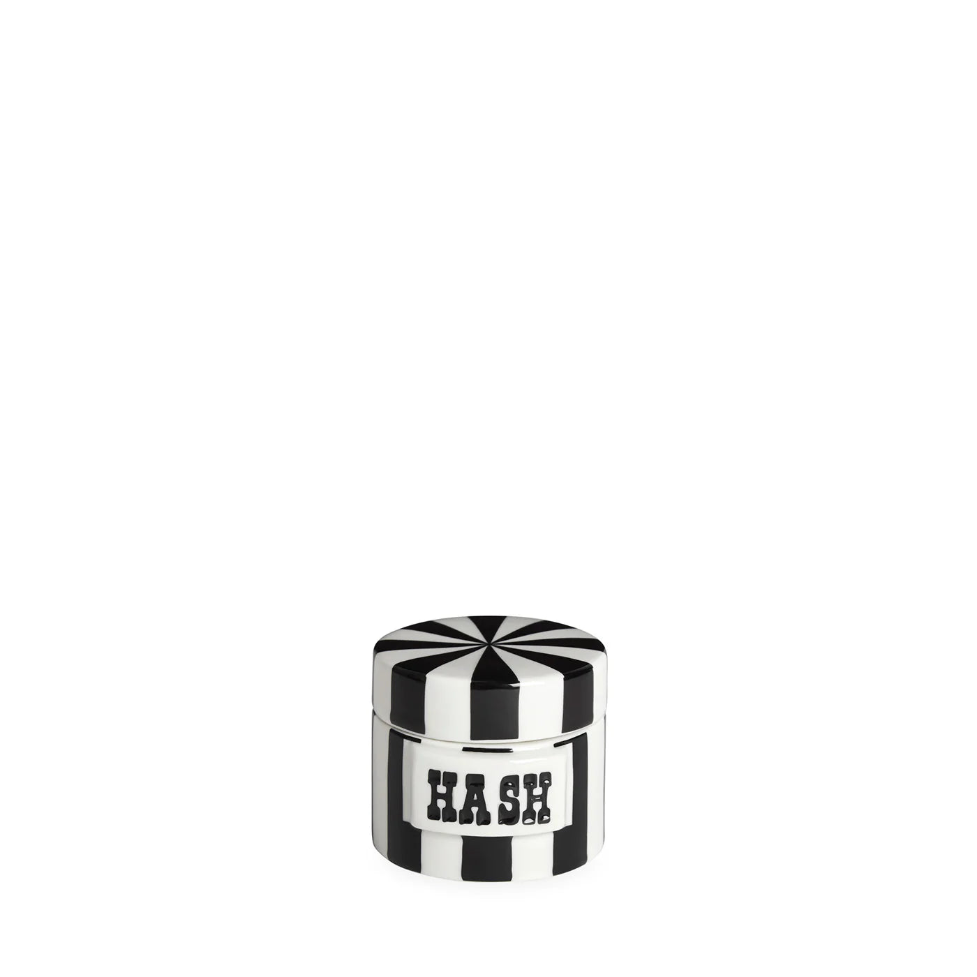 Hash petite boîte cylindrique en porcelaine Jonathan Adler - Rayures noires et blanche, texte Hash noir sur fond blanc