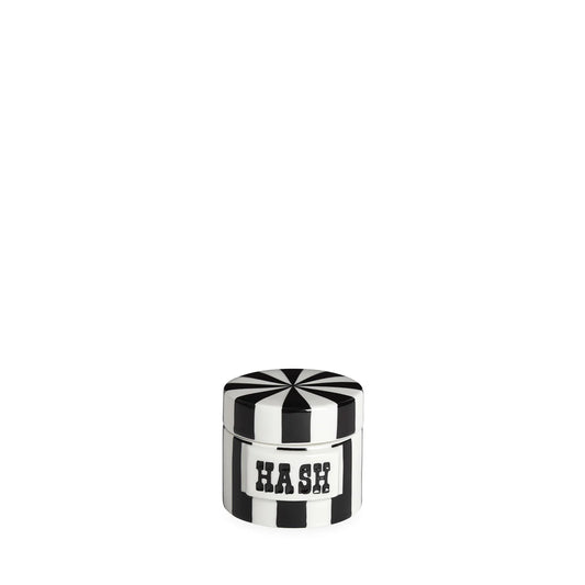 Hash petite boîte cylindrique en porcelaine Jonathan Adler - Rayures noires et blanche, texte Hash noir sur fond blanc