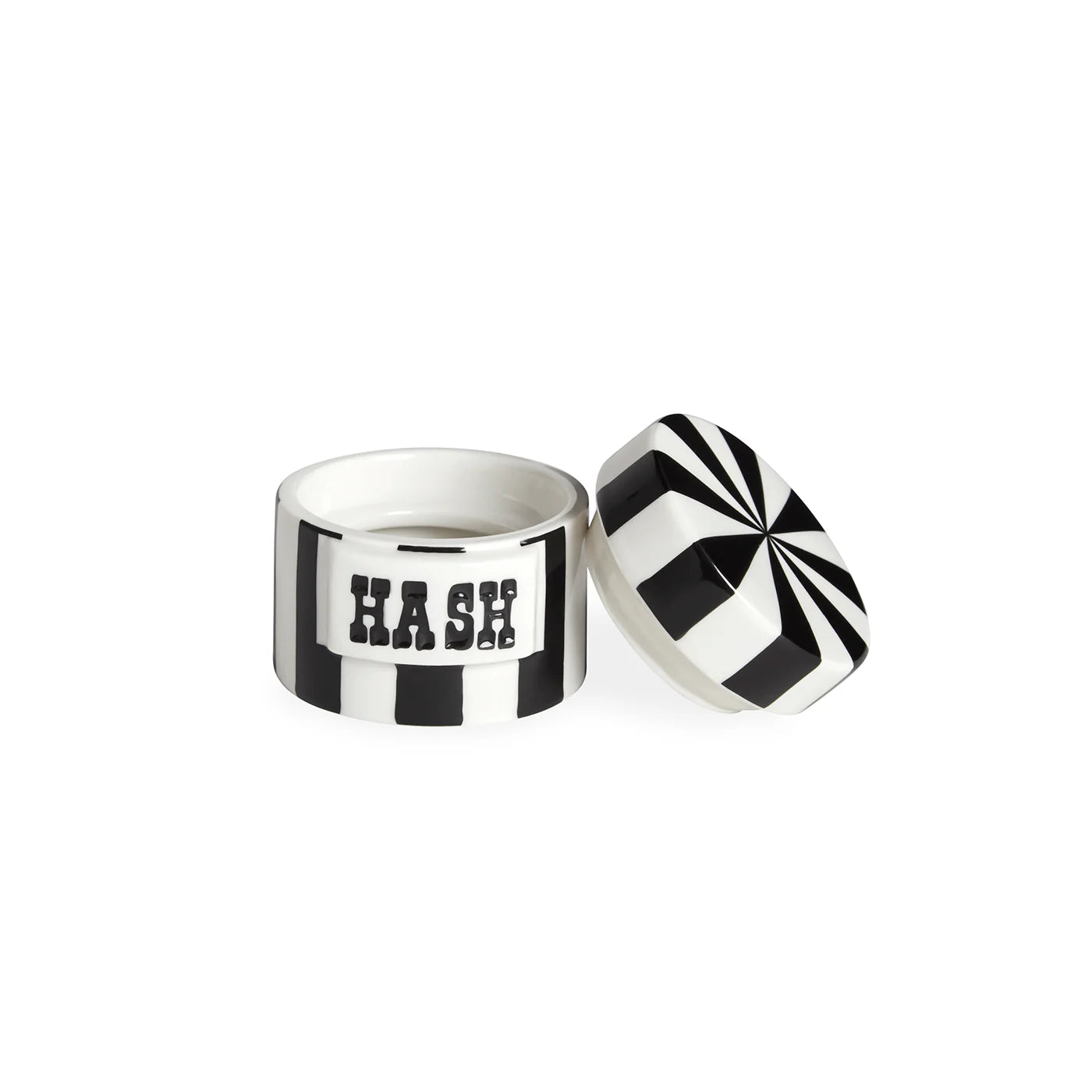 Hash petite boîte cylindrique en porcelaine Jonathan Adler présentée ouverte - joint du couvercle visitble