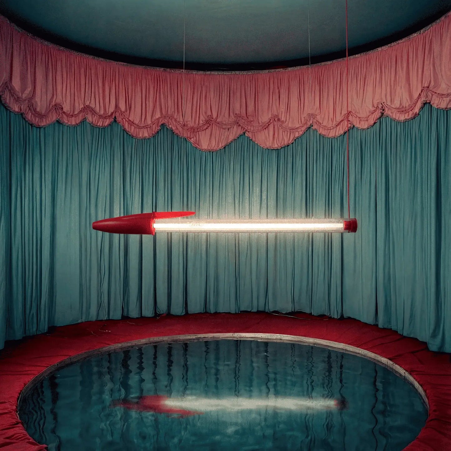 lampe bic seletti rouge dans une mise en scene interieur avec rideaux et piscine