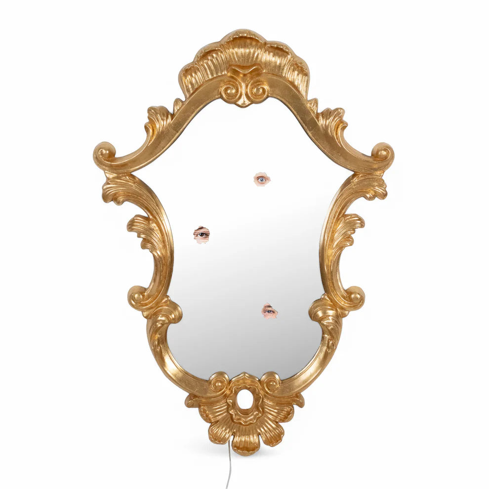 Miroir design Reflecting Trilogy Seletti avec cadre baroque doré et trois yeux animés LCD