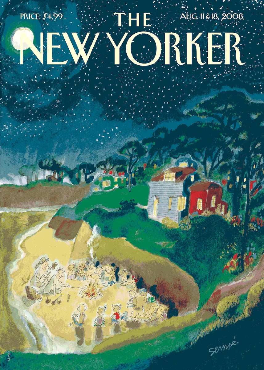 Affiche Sempé pour le New Yorker - Future memories - des enfants et 2 adultes autour d'un feu de camp sur une plage