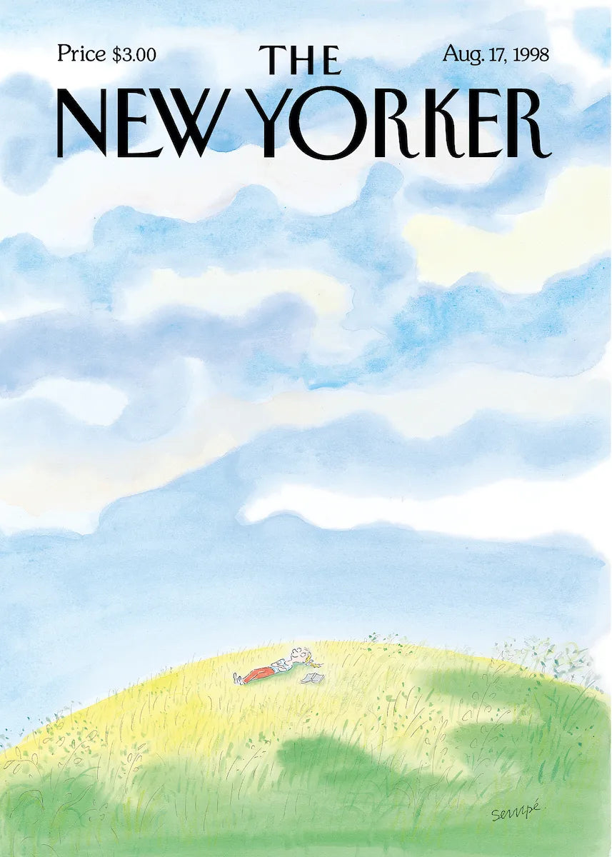 Affiche Sempé pour le New Yorker - Woman laying on the grass : une femme allongée dans l'herbe ensoleillé sous un ciel nuageux
