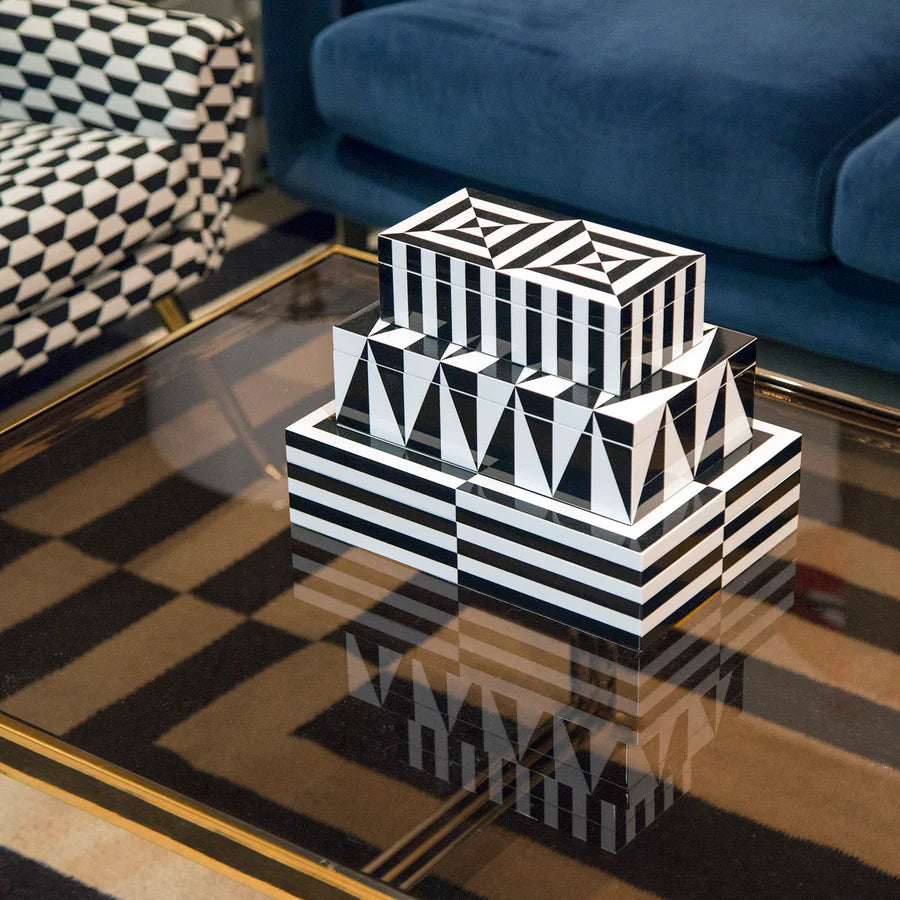 Boite laquée noir et blanc - Grande boîte Jonathan Adler Op Art 