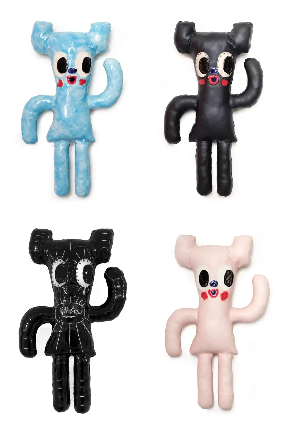 Collection d’ours JOBE en céramique par Bas Kostersi : bleu ciel, noir profond, noir glossy à motifs sunshine et rose pâle.