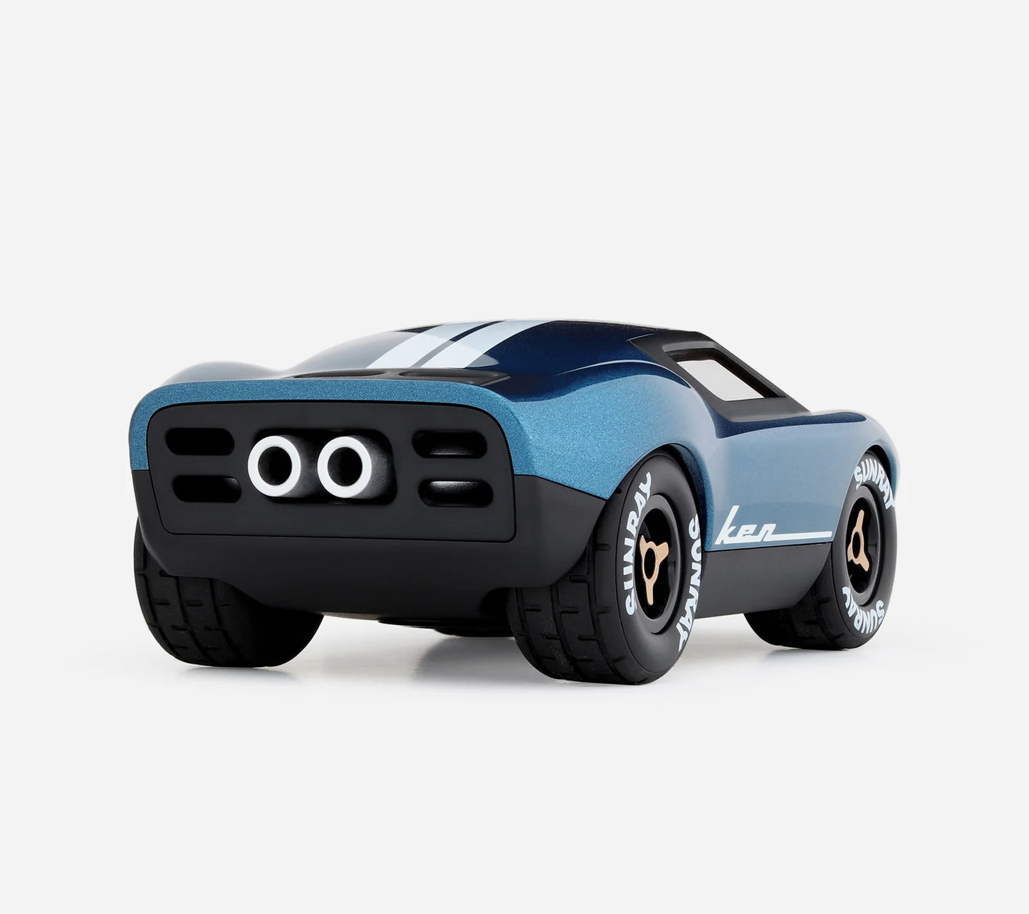 Vue arrière de la voiture miniature Playforever Ken Cash bleu nuit et cuivre