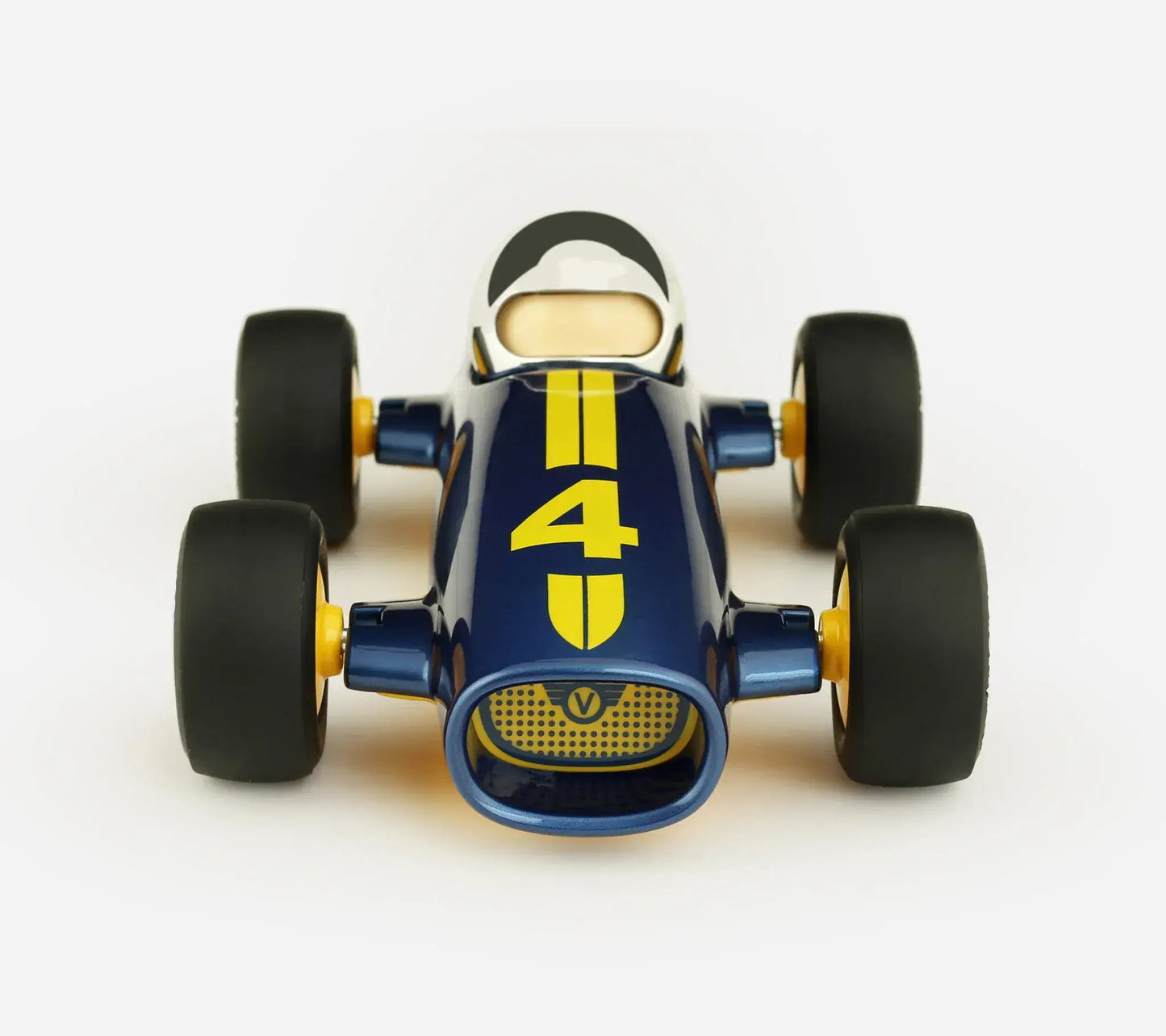 Face avant de la voiture miniature Playforever Malibu Lucas bleue et jaune