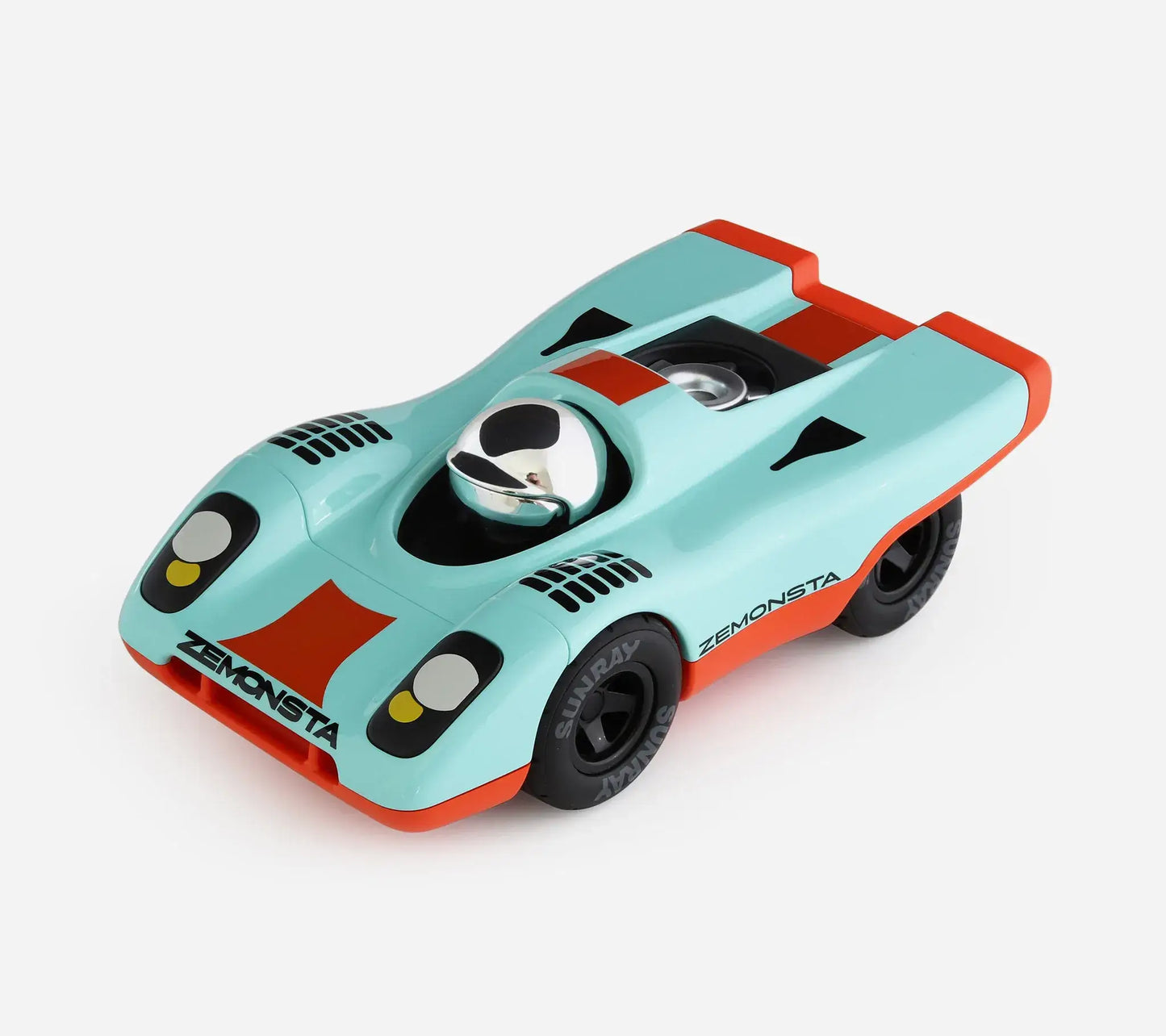 Voiture jouet Playforever Zemonsta Klaus turquoise inspirée des voitures de course d'endurance vintage