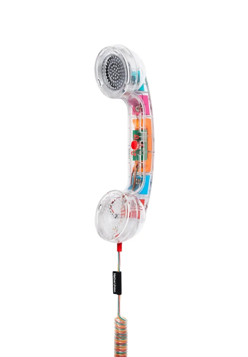 POP Phone Native Union Bubble Gum détail du combiné transparent et composants colorés