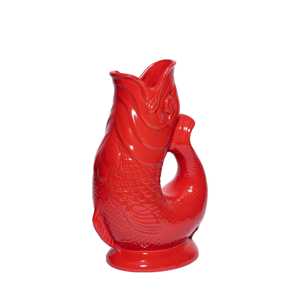 Vue de profil de la carafe poisson Glouglou rouge XL