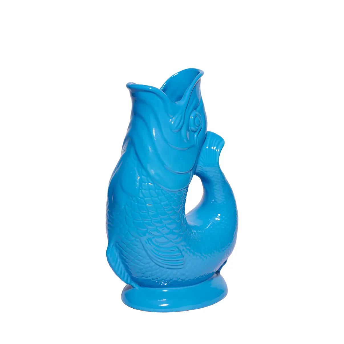 Vue de profil de la carafe poisson Glouglou turquoise XL