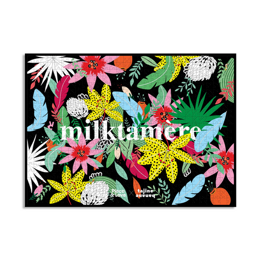 Puzzle Milktamère 1000 pièces assemblé composition florale colorée fond noir