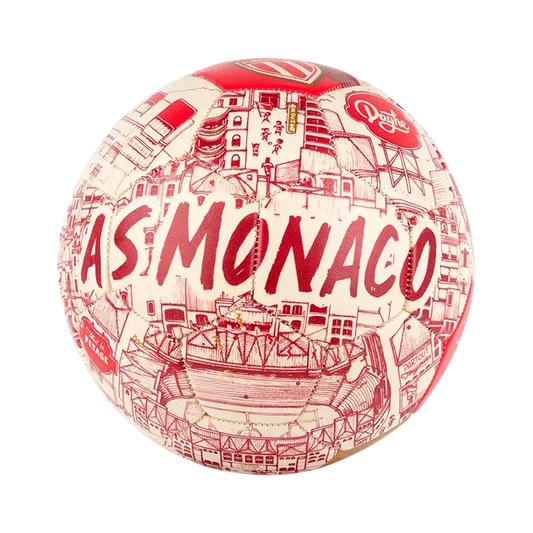 Ballon de football AS Monaco par Docteur Paper pour Rebond - ballon blanc et rouge avec  les rues de la ville représentées