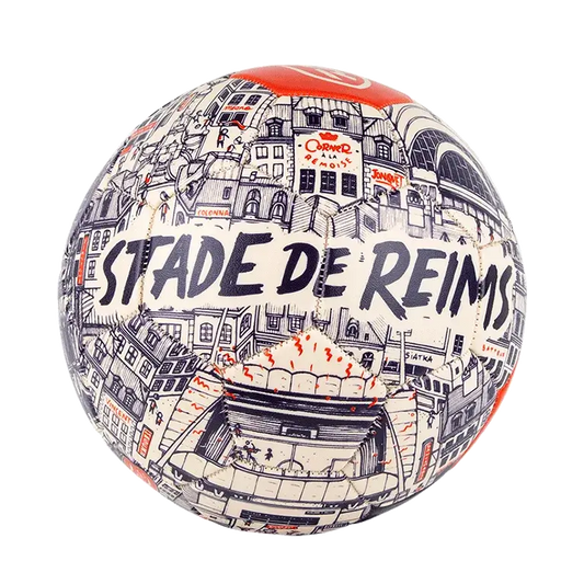 Ballon de football Stade de Reims par Docteur Paper pour Rebond - ballon blanc et bleu avec  des éléments architecturaux de la ville représentés