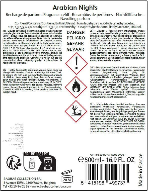 Etiquette de la recharge du diffuseur Arabian Nights de Baobab Collection résumant les conseils de sécurité et les allergènes