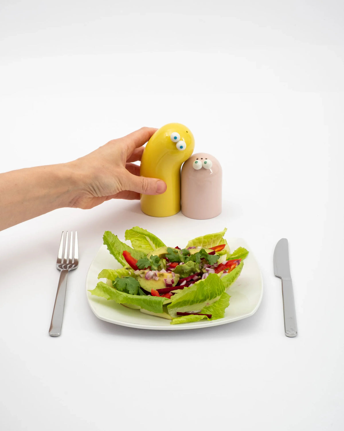 Salt + Pepper, salière et poivrière de Lucas Zanotto avec une assiette