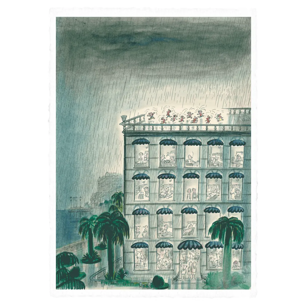 Affiche Sempé Immeuble pluie 36x56 sur papier velin par Image Republic