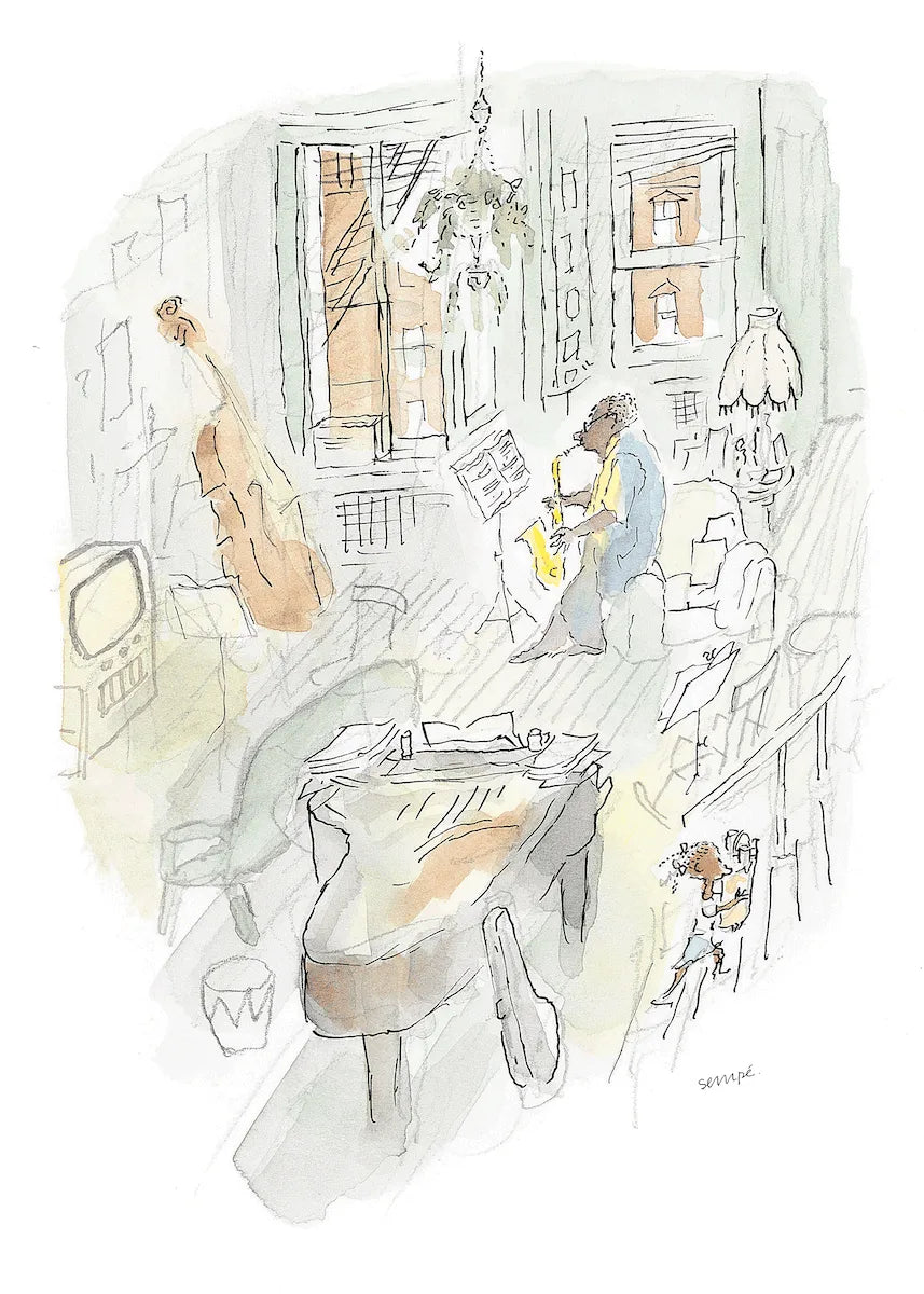 Affiche Sempé Musicien - un joueur de saxo dans son appartement entouré d'instruments de musique